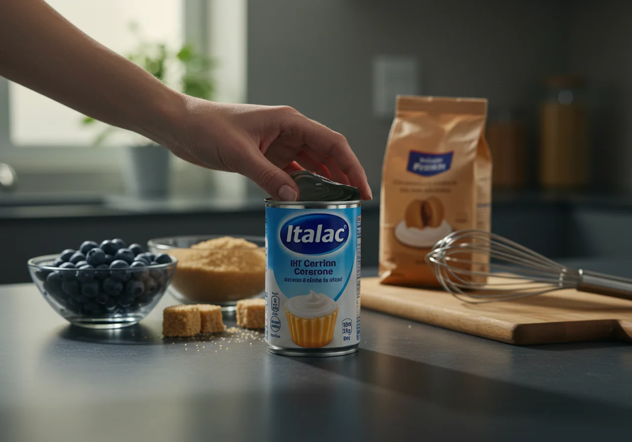 Abrindo uma lata de creme de leite Italac UHT para preparar receitas deliciosas.