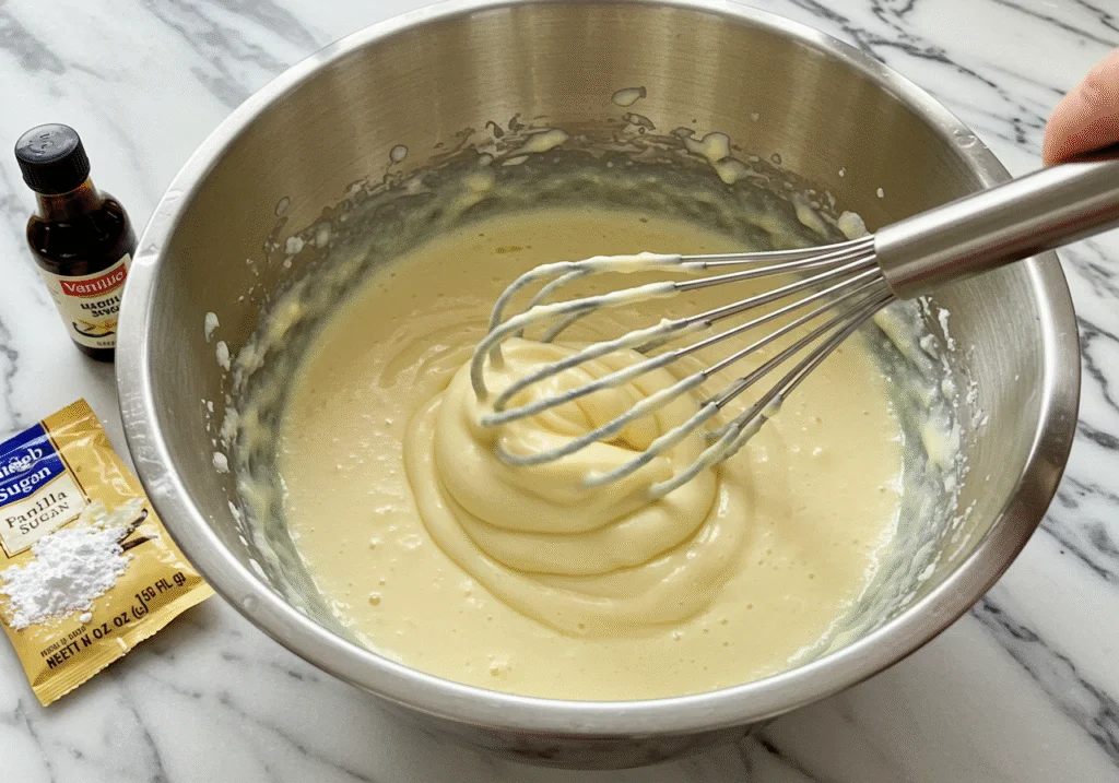 Mistura cremosa sendo batida com creme de leite Italac UHT para sobremesas.