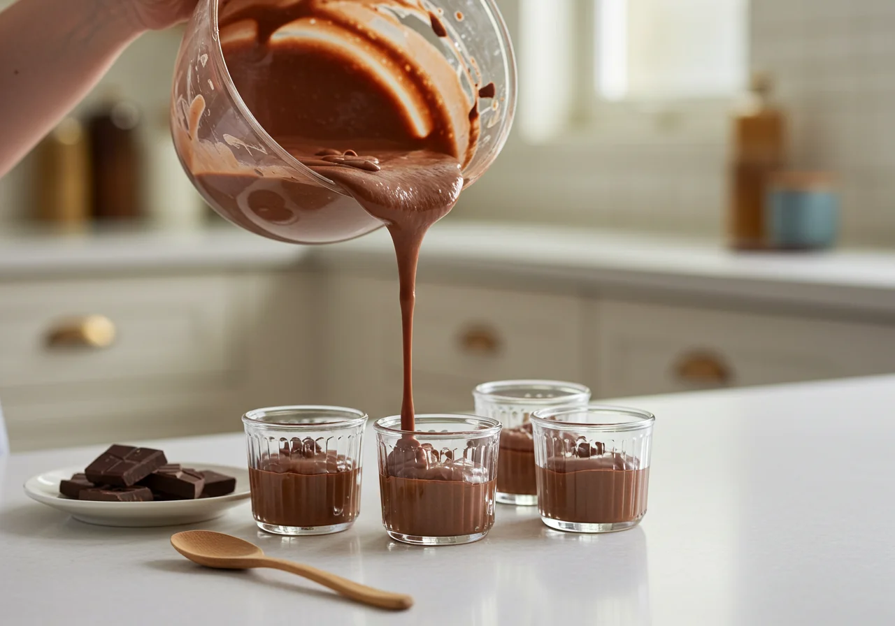 Porcionando danone de chocolate caseiro em copinhos de sobremesa, prontos para resfriar.