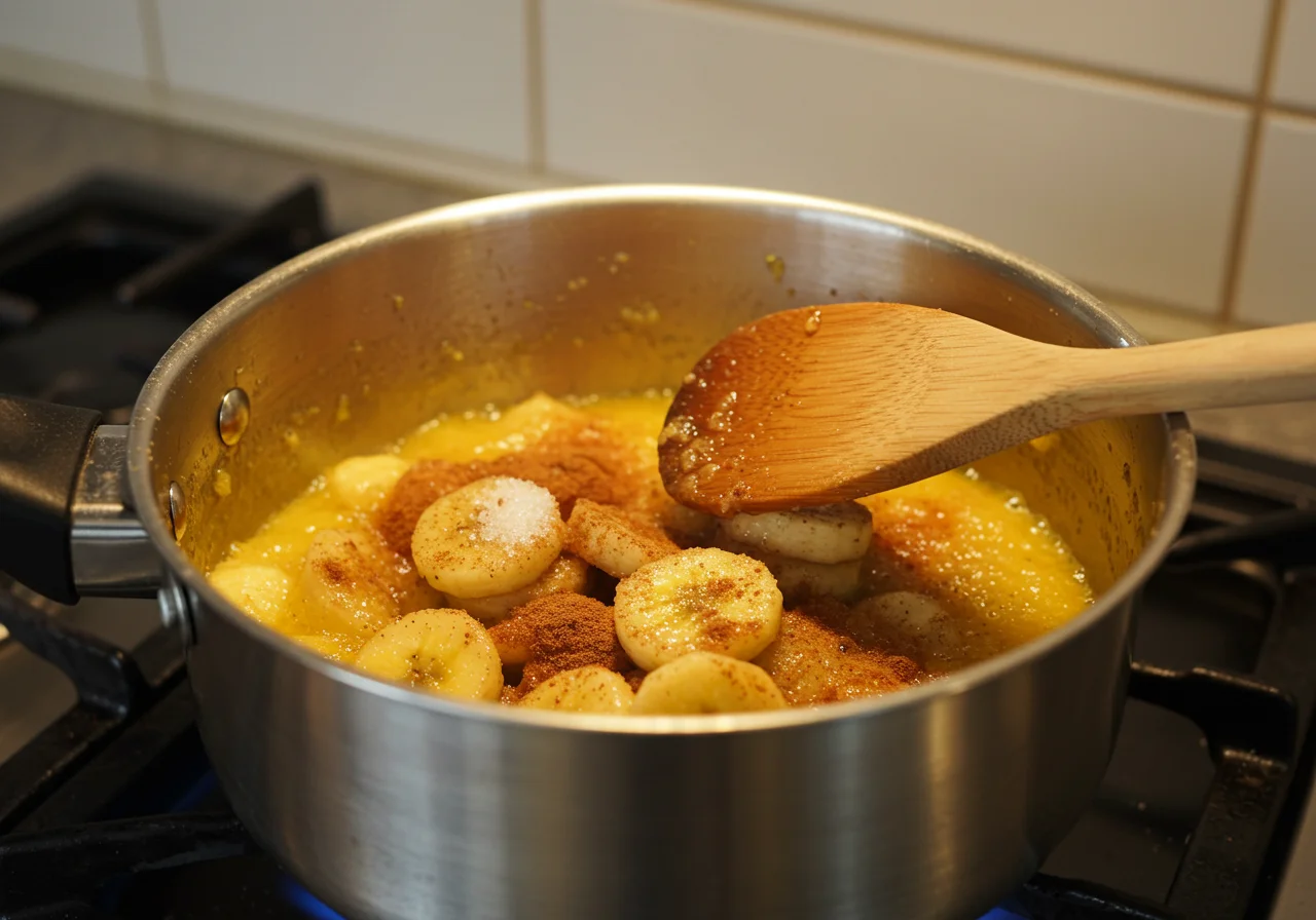 Banana da terra sendo cozida com açúcar e canela para fazer doce de banana da terra.