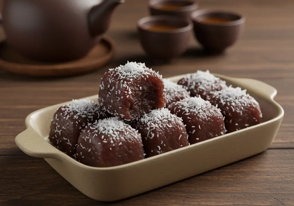 Doce de feijão azuki japonês decorado com coco, perfeito para saborear.