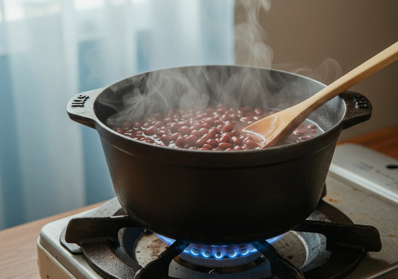 Feijão azuki cozinhando em uma panela para o doce de feijão azuki japonês.