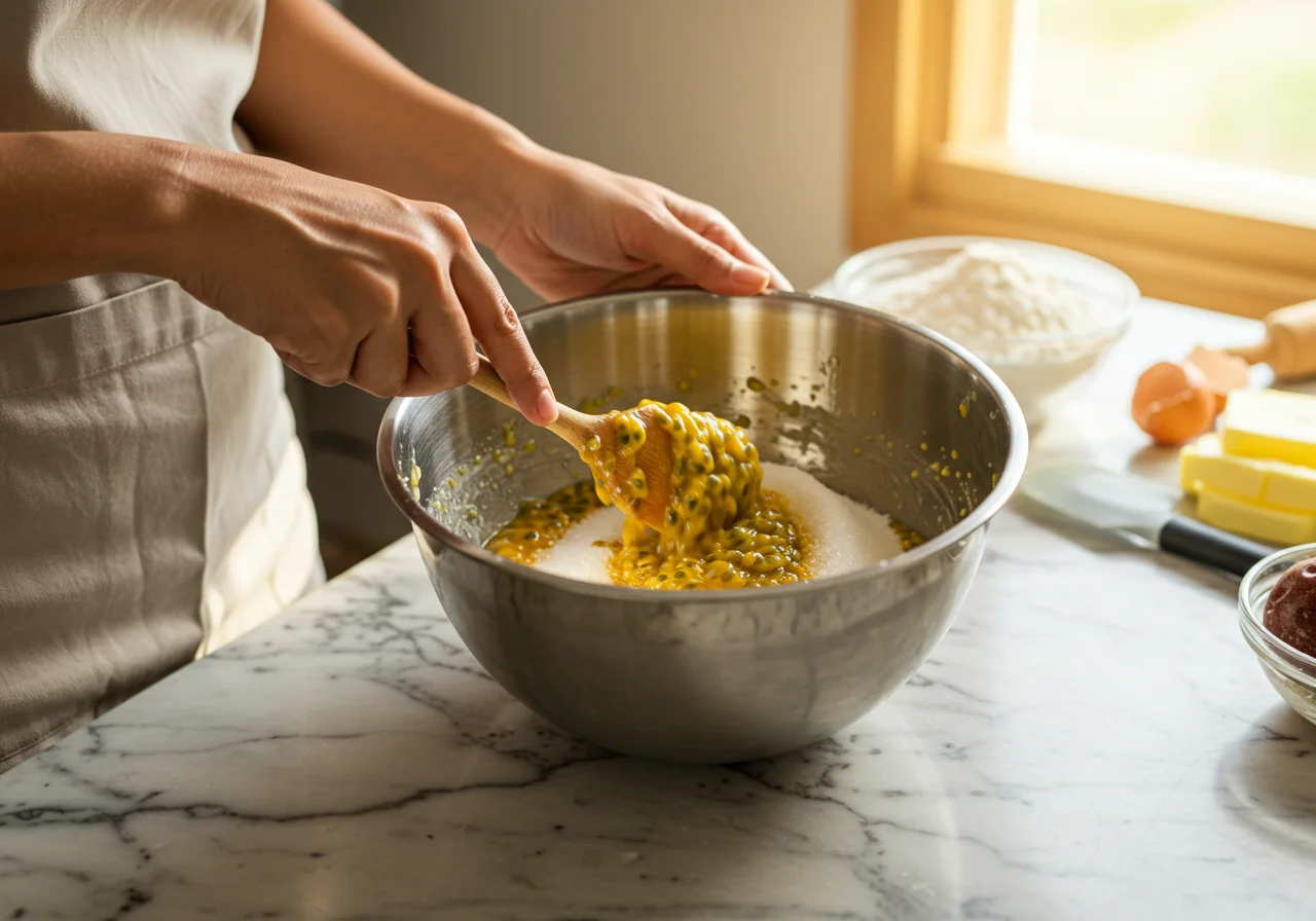 Mixing sugar and passion fruit pulp for esfoliante de maracuja preparation.