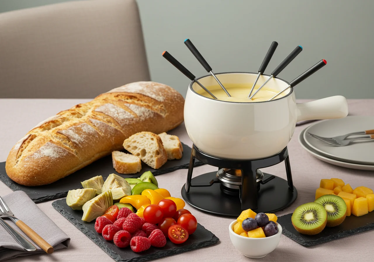 Mesa de fondue de queijo emmental pronta com queijo derretido e acompanhamentos coloridos.