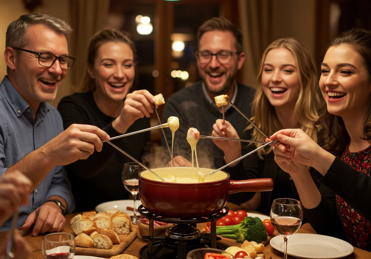 Pessoas se divertindo enquanto degustam fondue de queijo emmental com pão e vegetais.