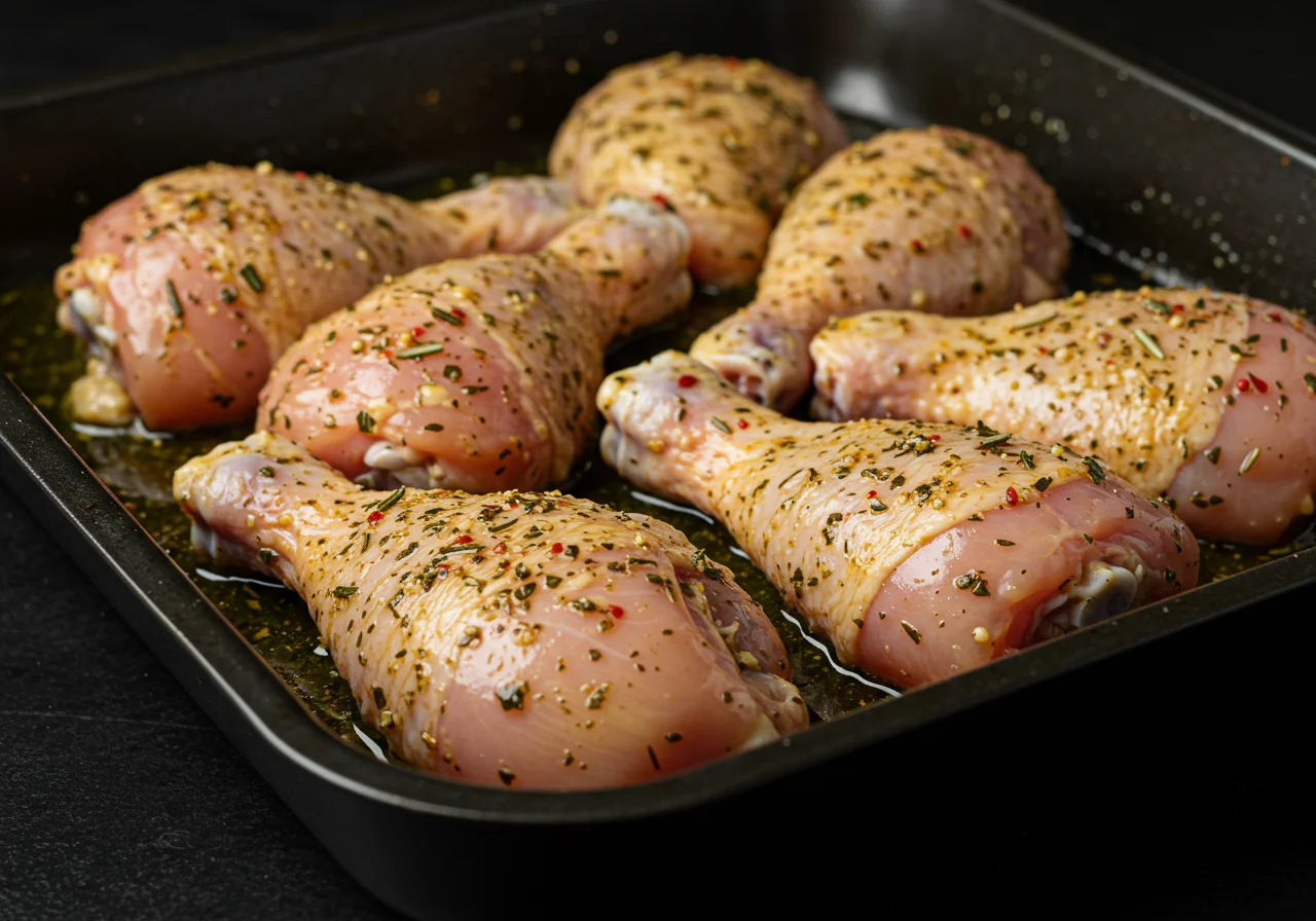 Peças de frango marinadas em uma assadeira para fazer raquete de frango assado.