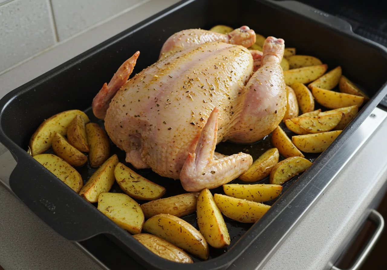 Batatas raquete dispostas em volta do frango em uma assadeira para a receita de frango assado.