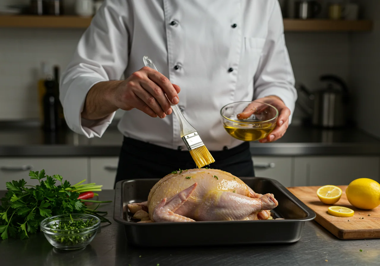 Chef pincelando o frango assado com marinada de azeite e limão, receita NCM.