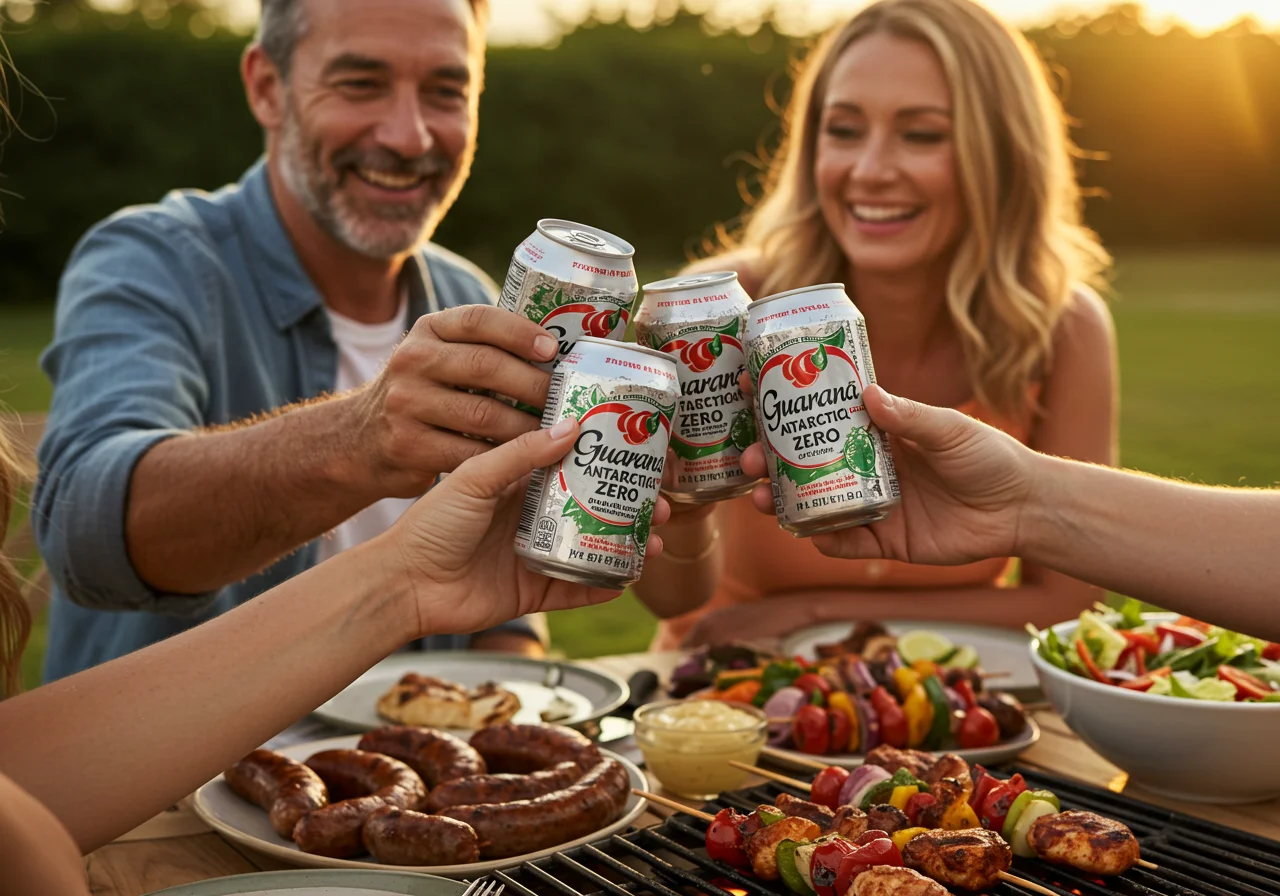Family enjoying Guarana Antarctica Zero cans at a barbecue gathering.