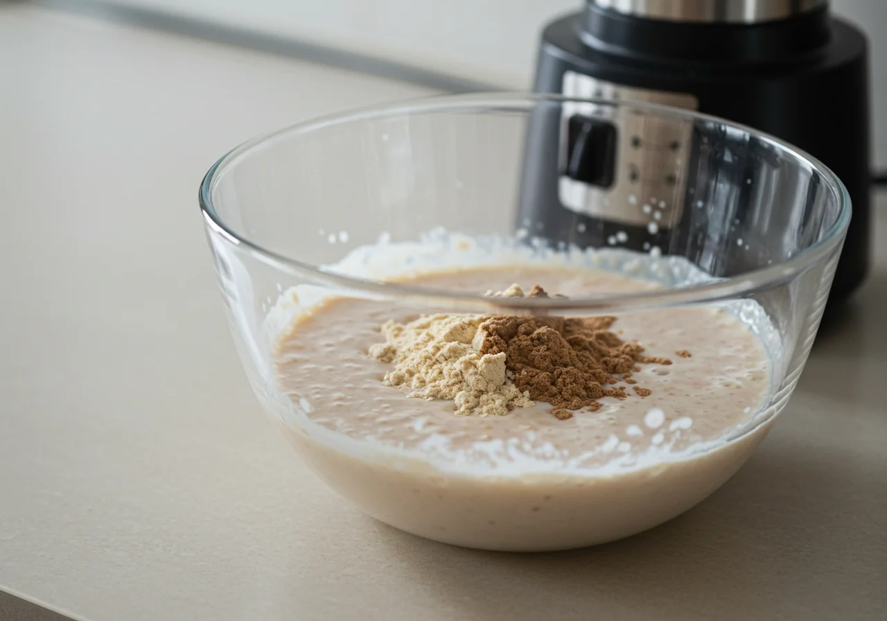 Mistura de leite com whey protein para preparar iogurte proteico caseiro na cozinha.
