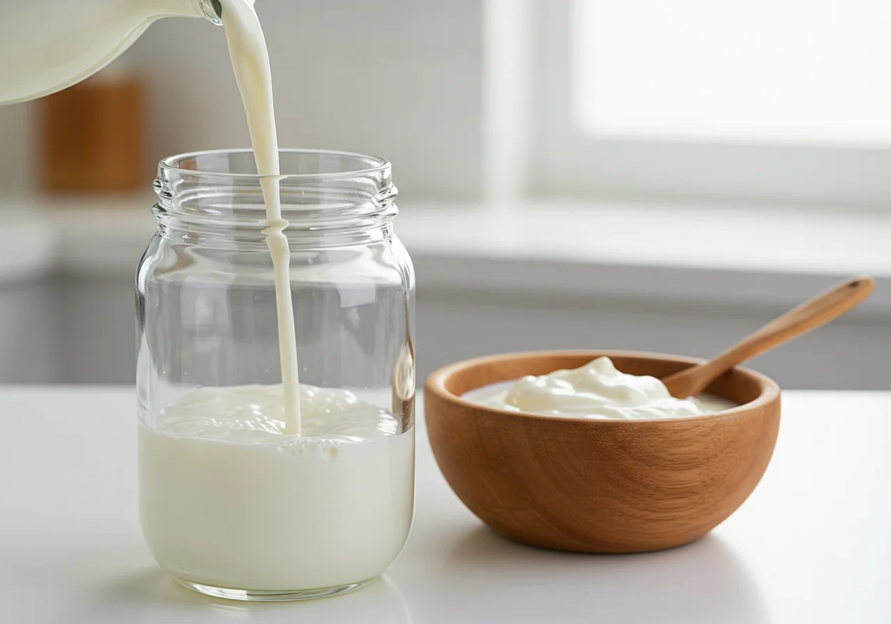 Jar filled with fresh milk for homemade iogurte proteico verde campo.