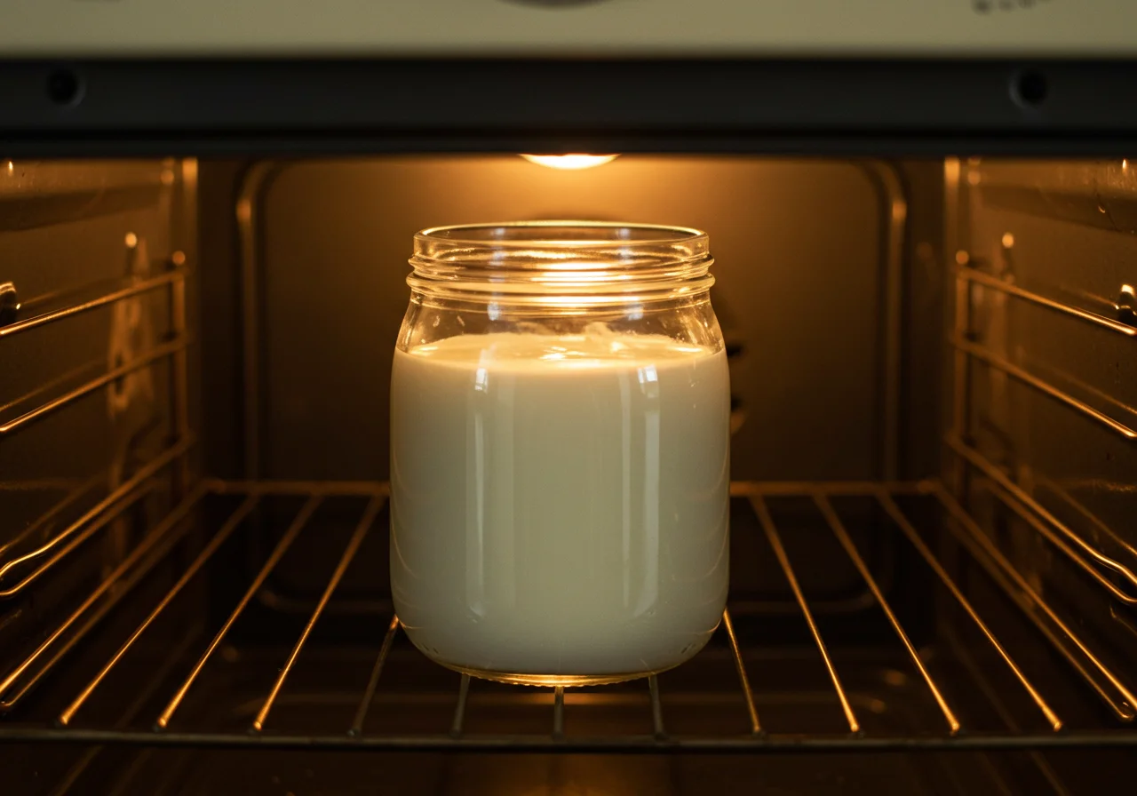 Yogurt jar incubating to create iogurte proteico verde campo at home.