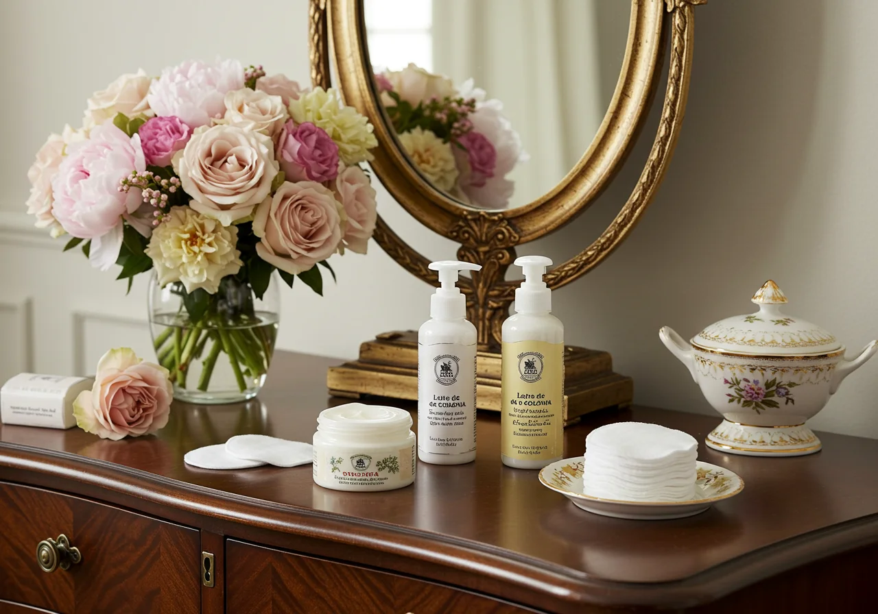 Leite de colônia finalizado em uma mesa de beleza, perfeito para limpeza facial.