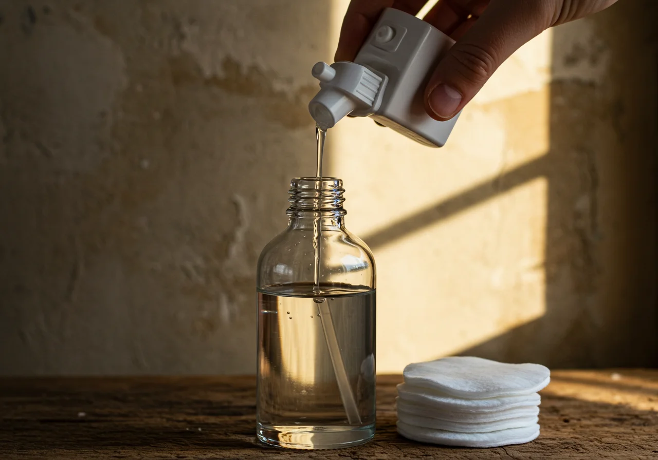 Leite de colônia sendo transferido para um frasco de vidro para uso em limpeza facial.