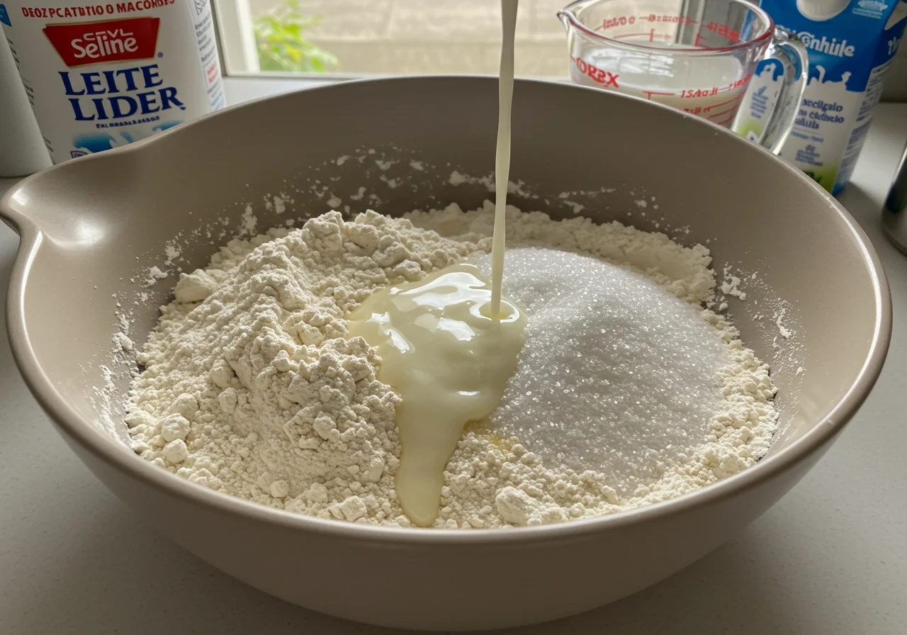Measuring cup of Leite Lider Integral UHT beside a bowl of ingredients for cooking.