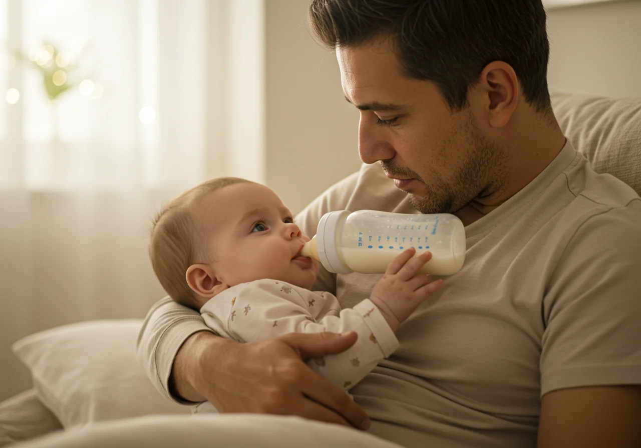 Pai ou mãe alimentando o bebê com leite quente para alívio de gases.