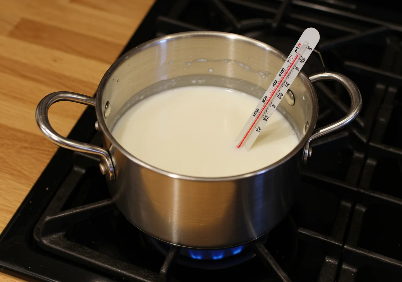Leite sendo aquecido em uma panela para preparar leite quente para gases em bebês.