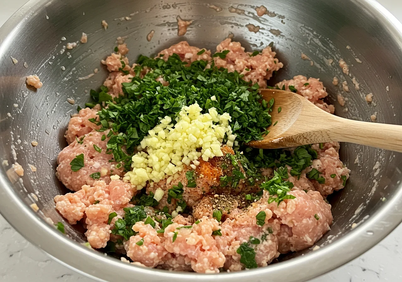 Mistura de carne de frango moída, alho, salsa e especiarias para linguiça de frango caseira.