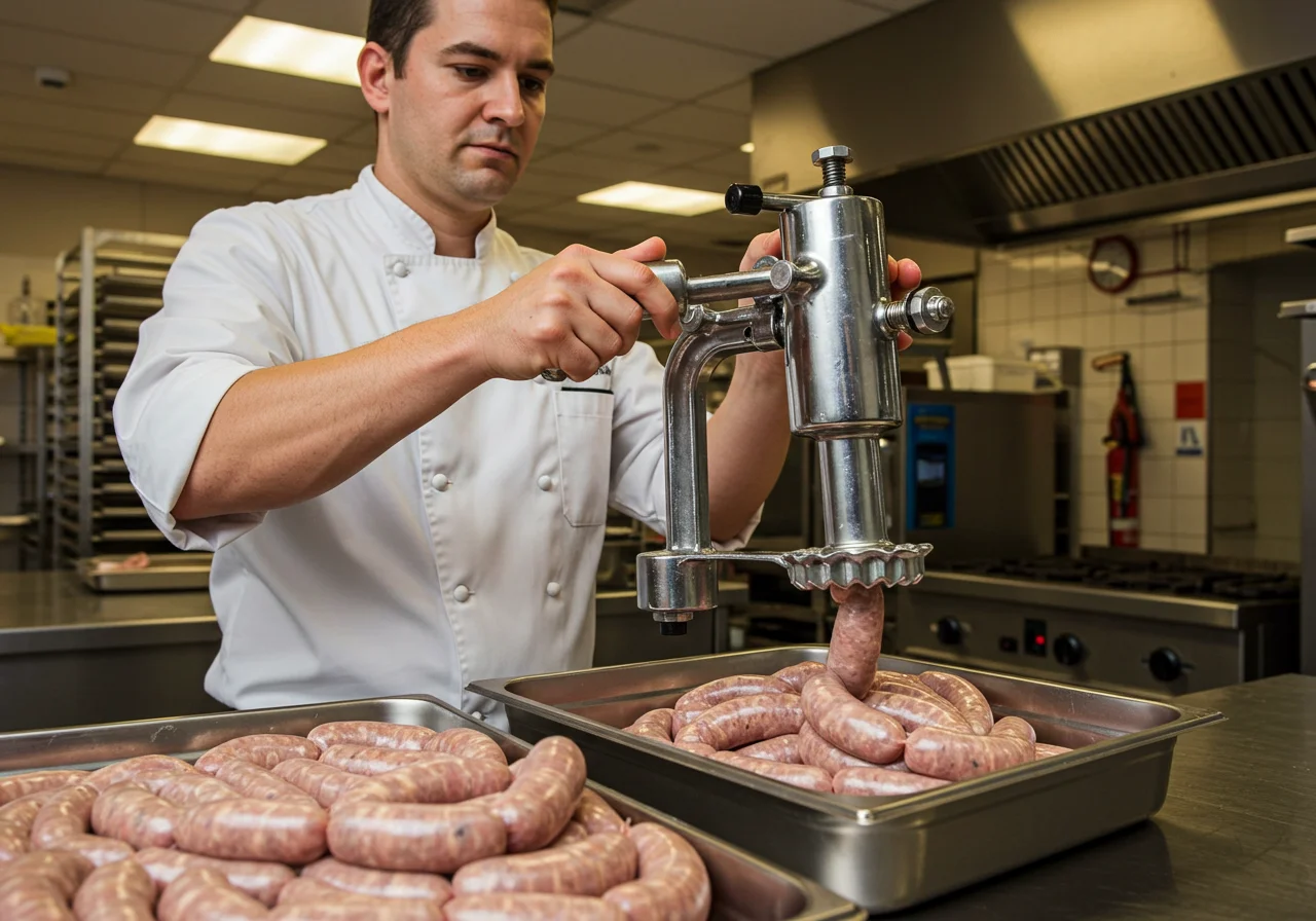 Cozinheiro enchendo as tripas com a mistura de frango para linguiça de frango caseira.