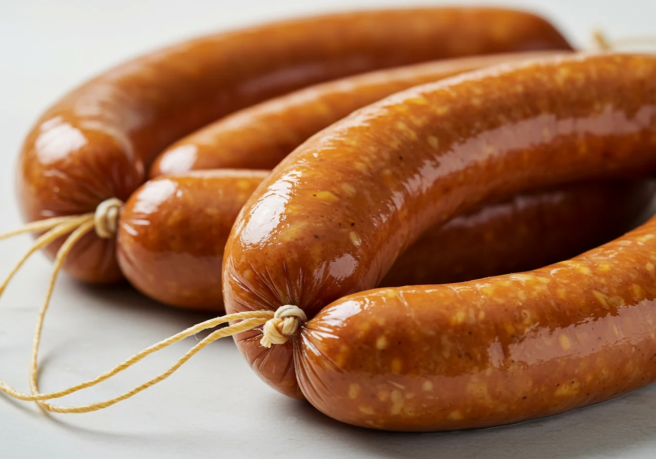 Linguiças de frango amarradas e prontas para cozinhar na receita de linguiça de frango caseira.