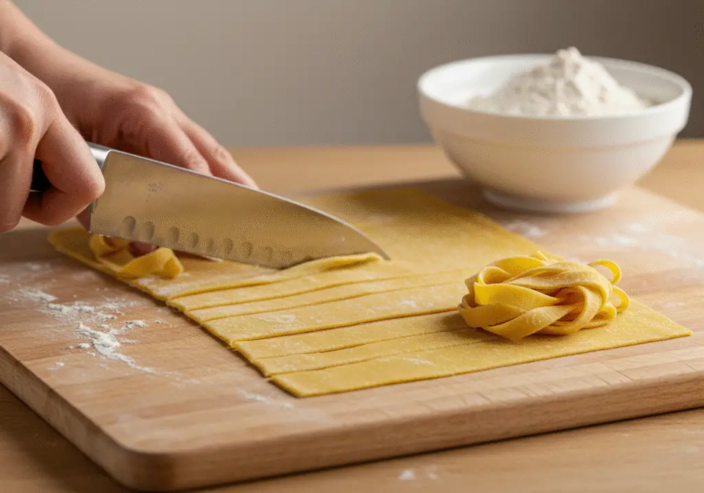 Cortando macarrão fresco em tiras para o macarrão caseiro com maquina de macarrão.