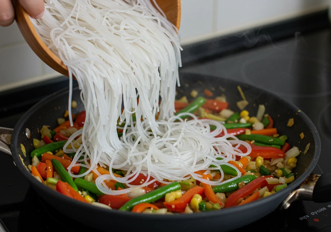 Macarrão de arroz sendo misturado com legumes refogados na receita de macarrão de arroz sem glúten urbano.