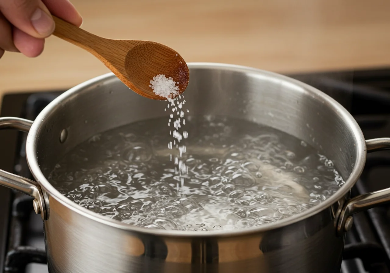 Água fervente com sal sendo preparada para cozinhar macarrão padre nosso.