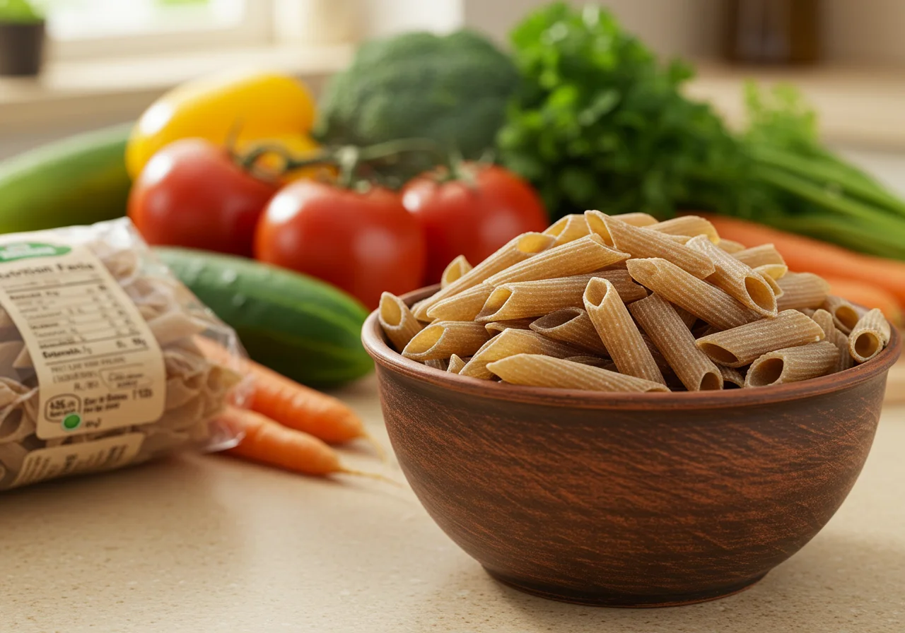 Bowl of whole grain pasta for making macarrão proteico integral fit com legumes frescos.