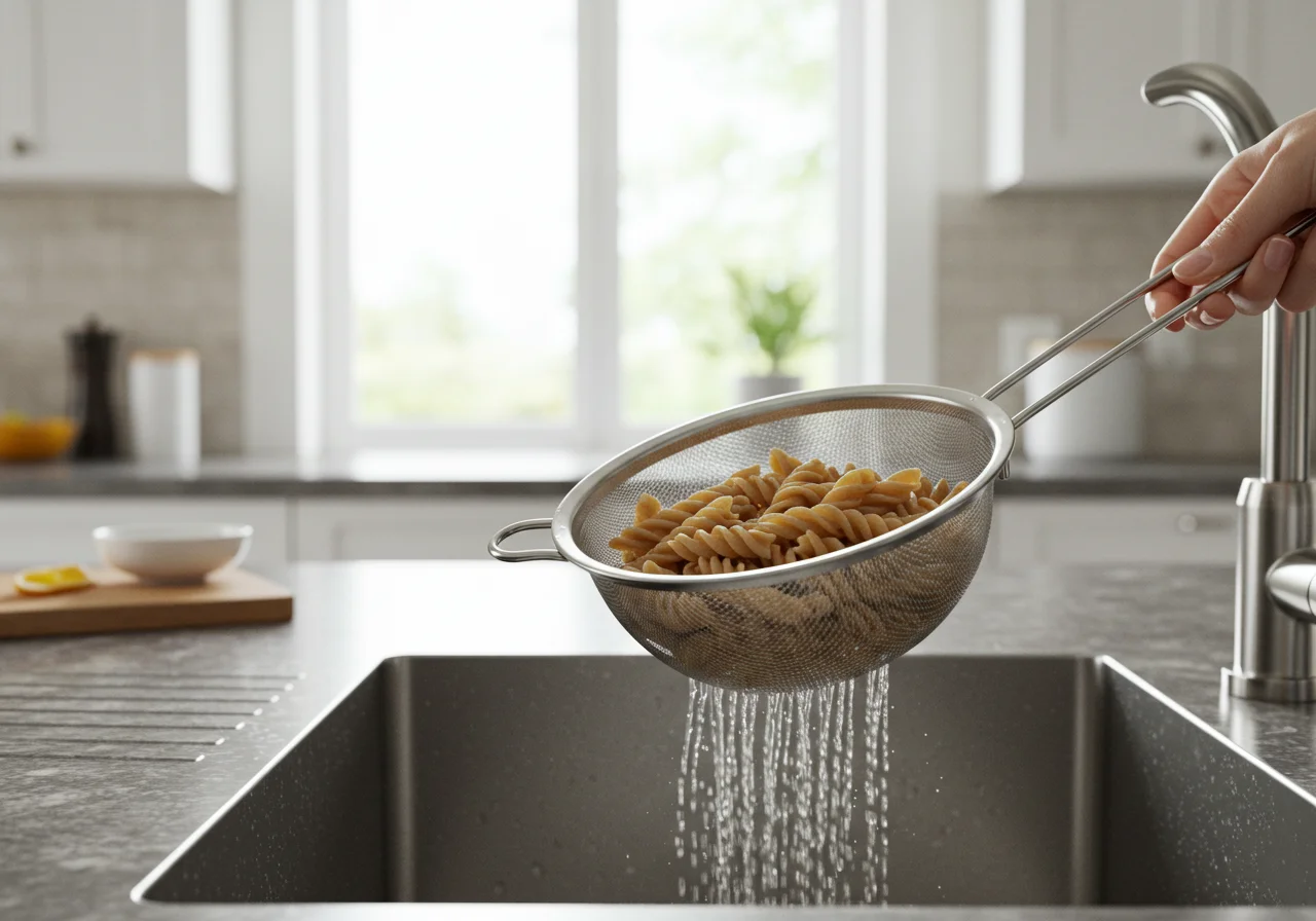 Draining cooked whole grain pasta for a healthy macarrão proteico integral fit.