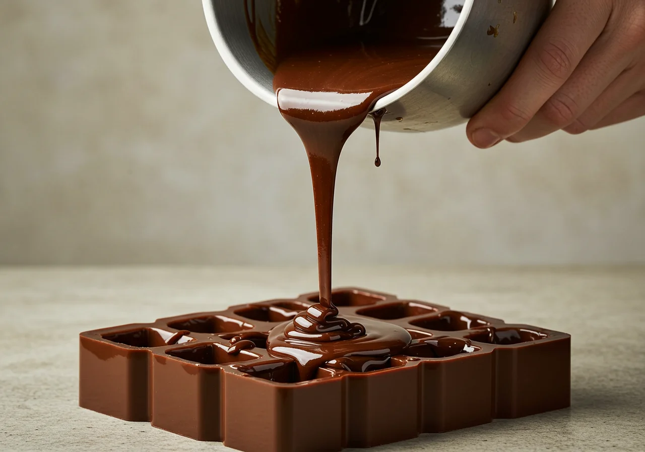 Manteiga de cacau em moldes, preparativa para confeccionar chocolates deliciosos.