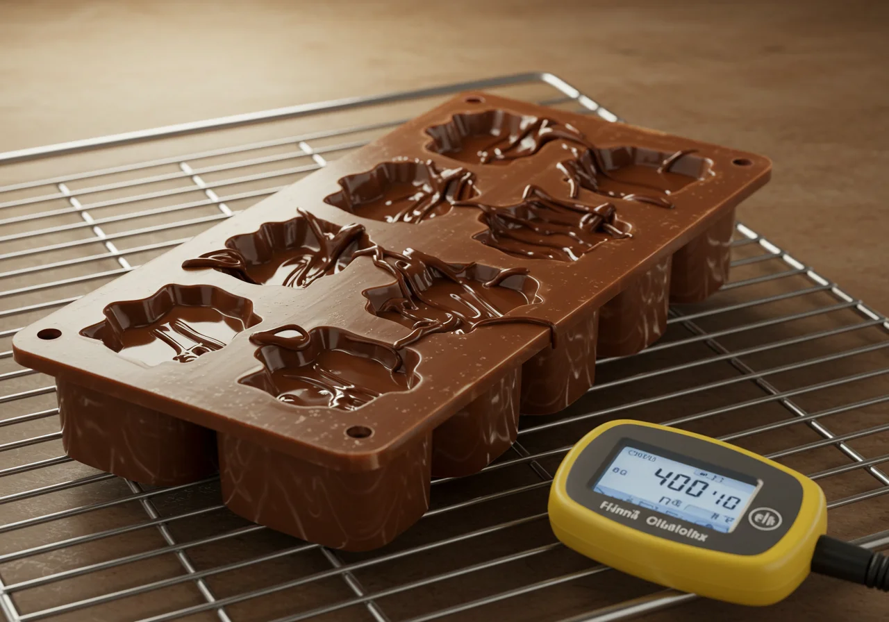 Moldes de chocolates com manteiga de cacau prontos para resfriamento.