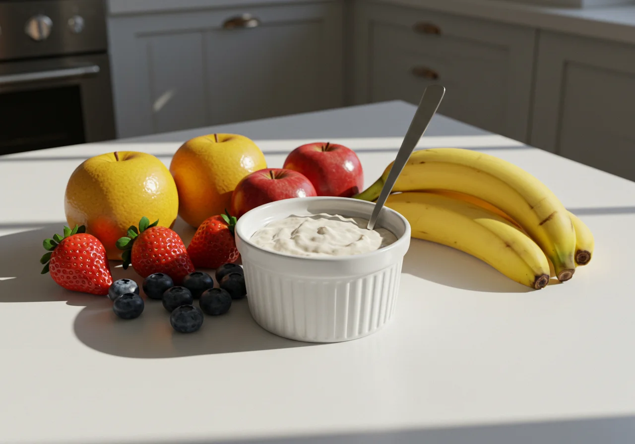 Finished mingau mucilon de arroz infantil served with fresh fruits.