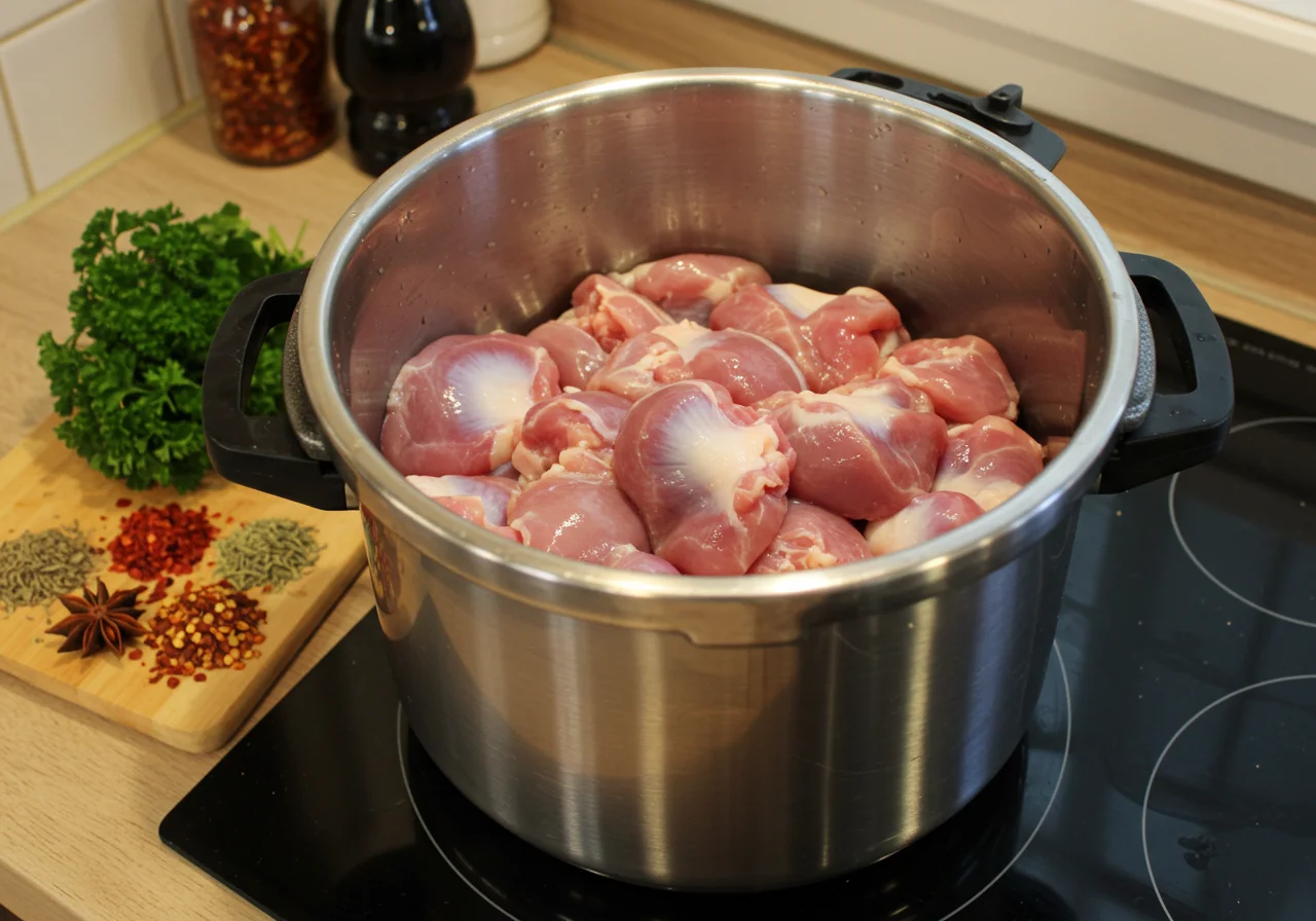 Moela de frango limpada dentro da panela de pressão, preparando-se para o cozimento na tabela nutricional da moela de frango.