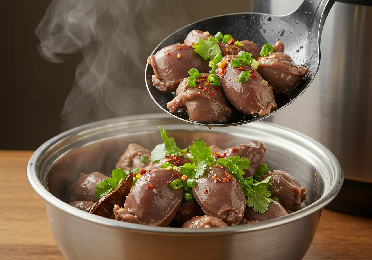 Moela de frango cozida sendo retirada da panela de pressão, com ervas frescas adicionadas, destacando a tabela nutricional da moela de frango.