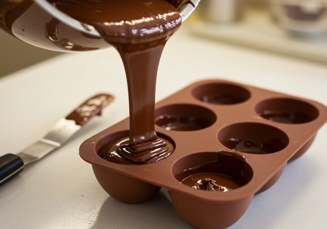 Chocolate derretido sendo despejado em forma de ovo de páscoa silicone para receita de ovos de páscoa.