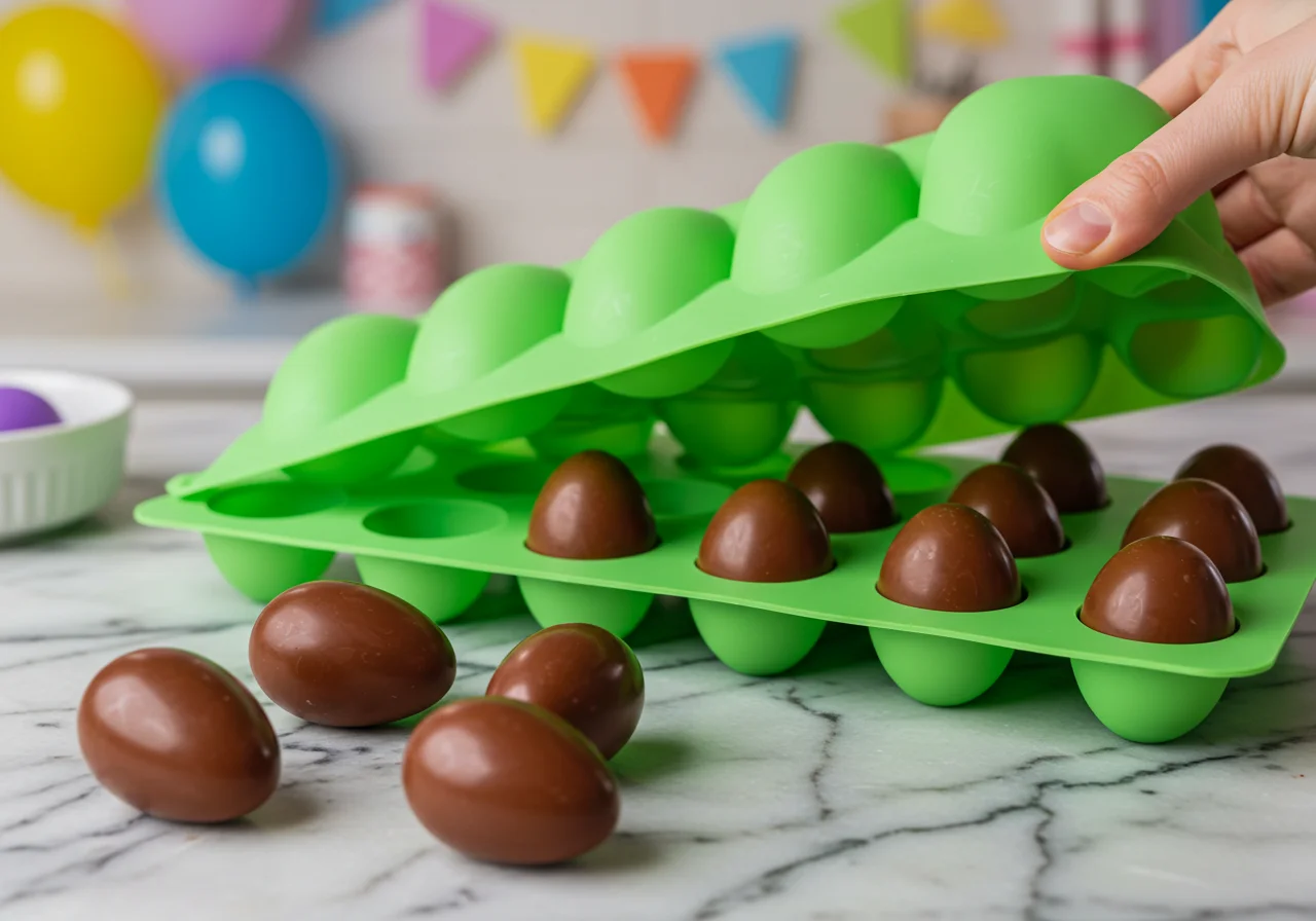 Ovos de páscoa de chocolate sendo desenformados das formas de silicone.