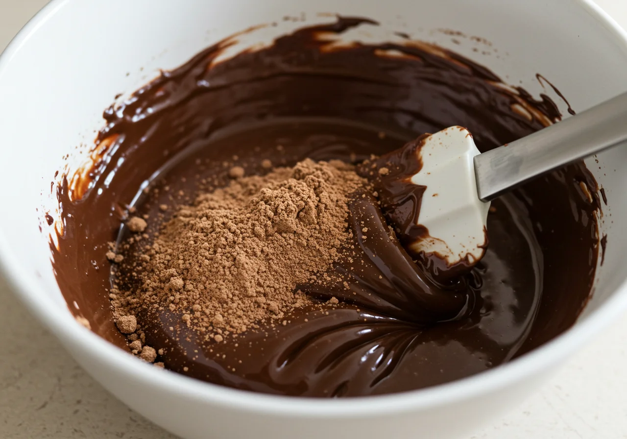 Chocolate amargo derretido sendo misturado com os ingredientes secos para ovo de páscoa sem açúcar.