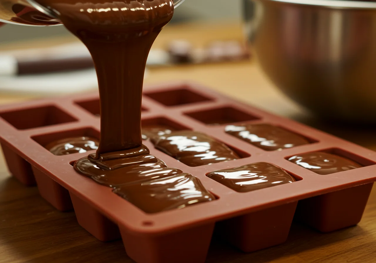 Moldes de silicone sendo preenchidos com a mistura de chocolate para ovo de páscoa sem açúcar.