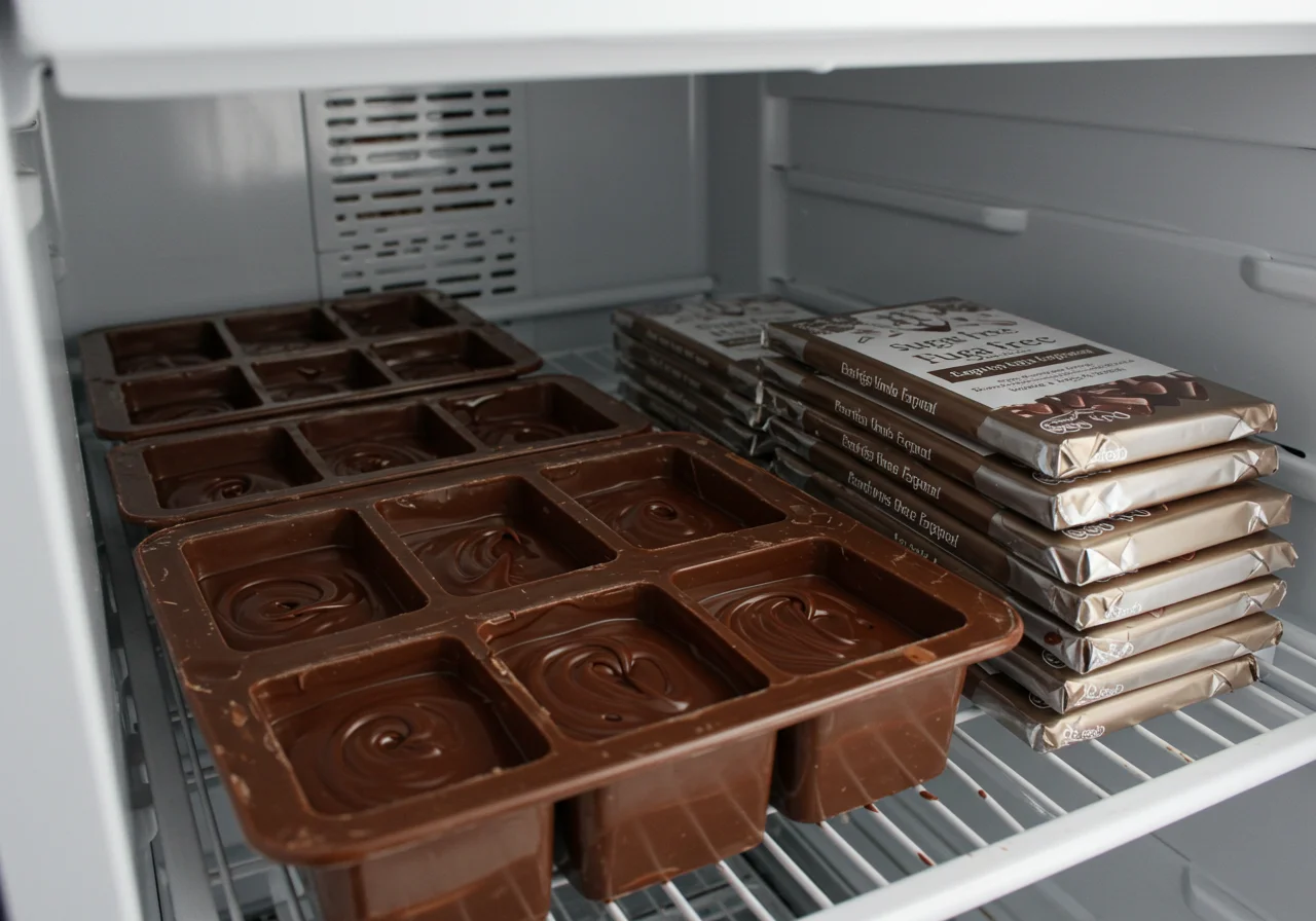 Moldes de ovo de páscoa sem açúcar sendo refrigerados para endurecer.