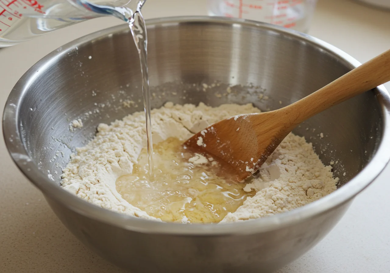 Água morna sendo adicionada à mistura de farinhas para pão de forma sem glúten.