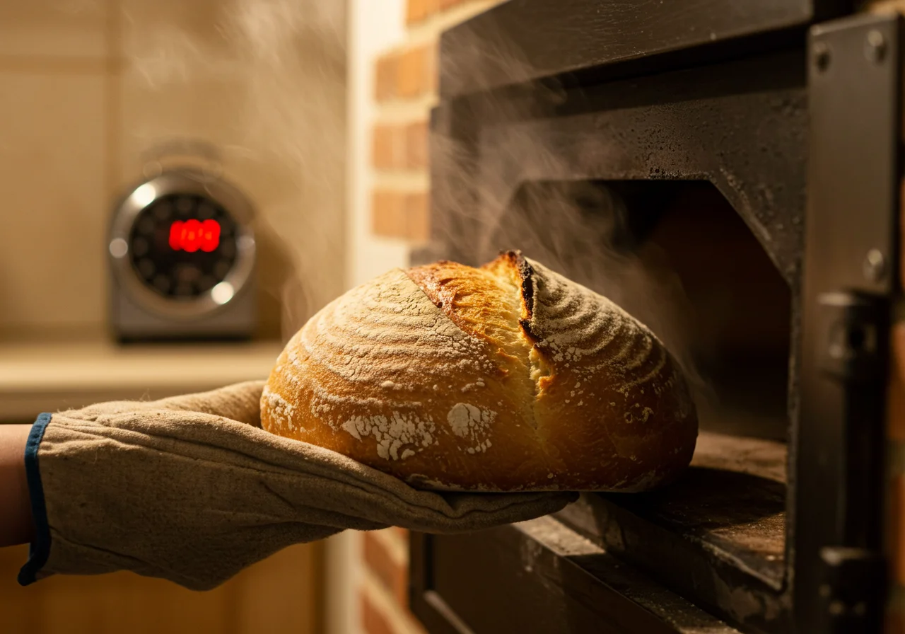 Pão artesanal saindo do forno, fresco e quente, pronto para o saco de pão.