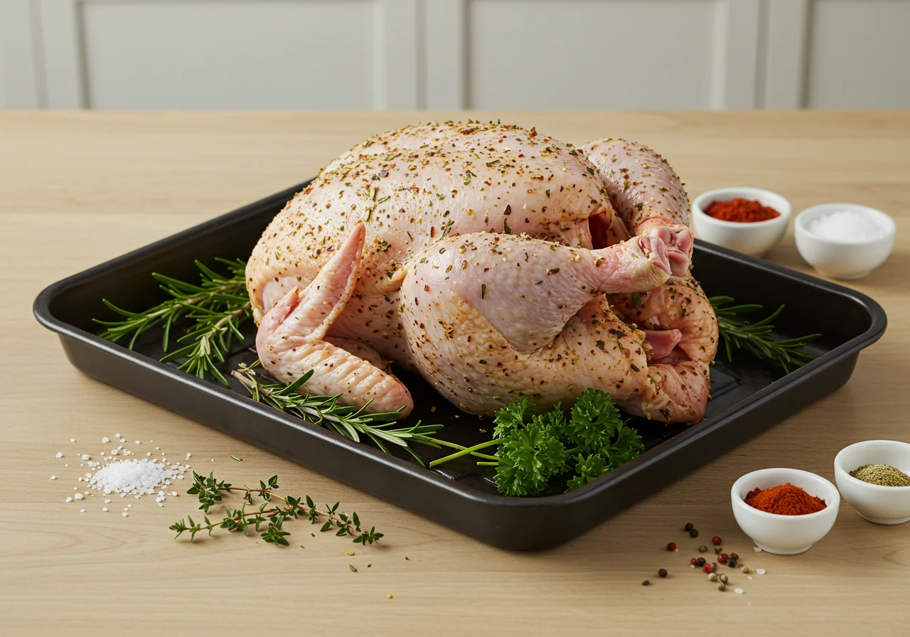 Preparando o peito de frango para assar no forno com temperos frescos.