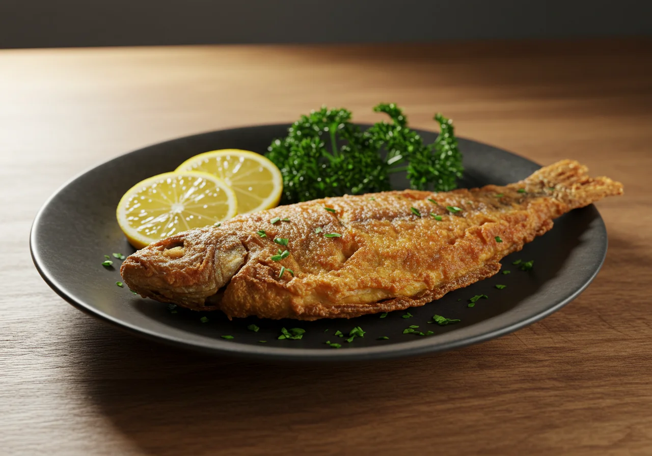 Peixe agulhinha frito crocante servido com limão e salsa, ideal para uma refeição deliciosa.