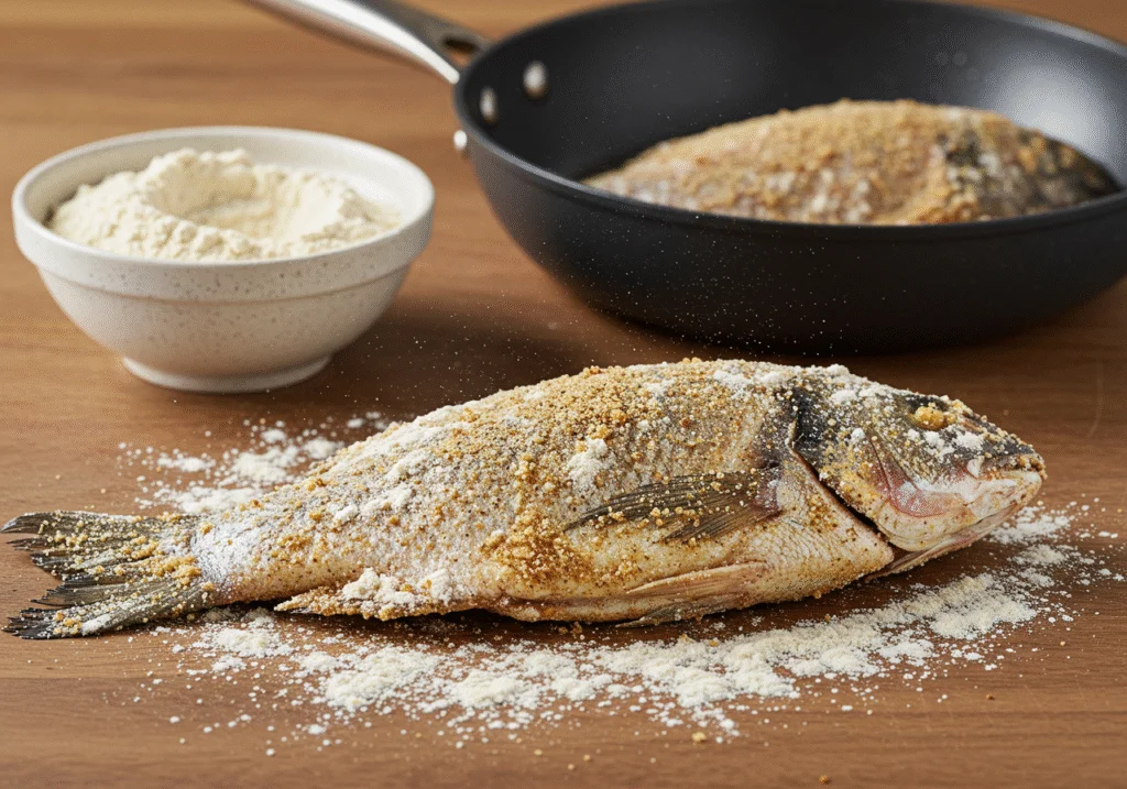 Empanando agulhinha peixe com farinha temperada para um frito crocante.