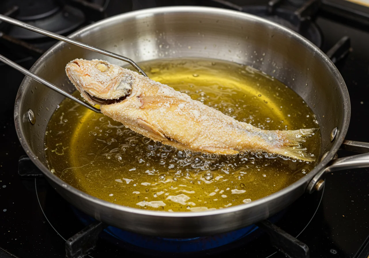 Fritando agulhinha peixe em óleo quente para um crocante perfeito.