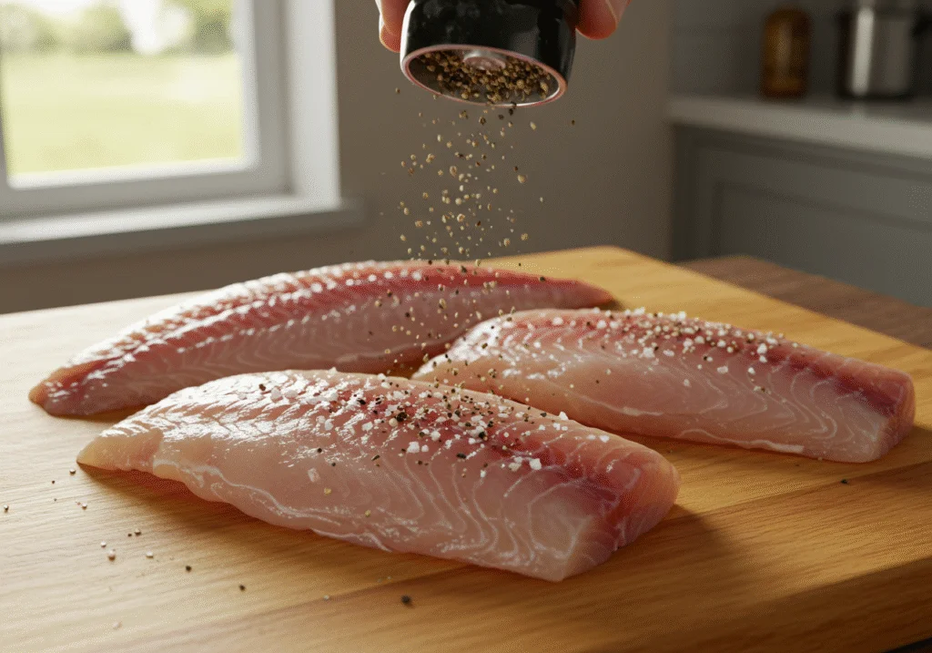 Filés de peixe amarelado sendo temperados com sal e pimenta para fritar.