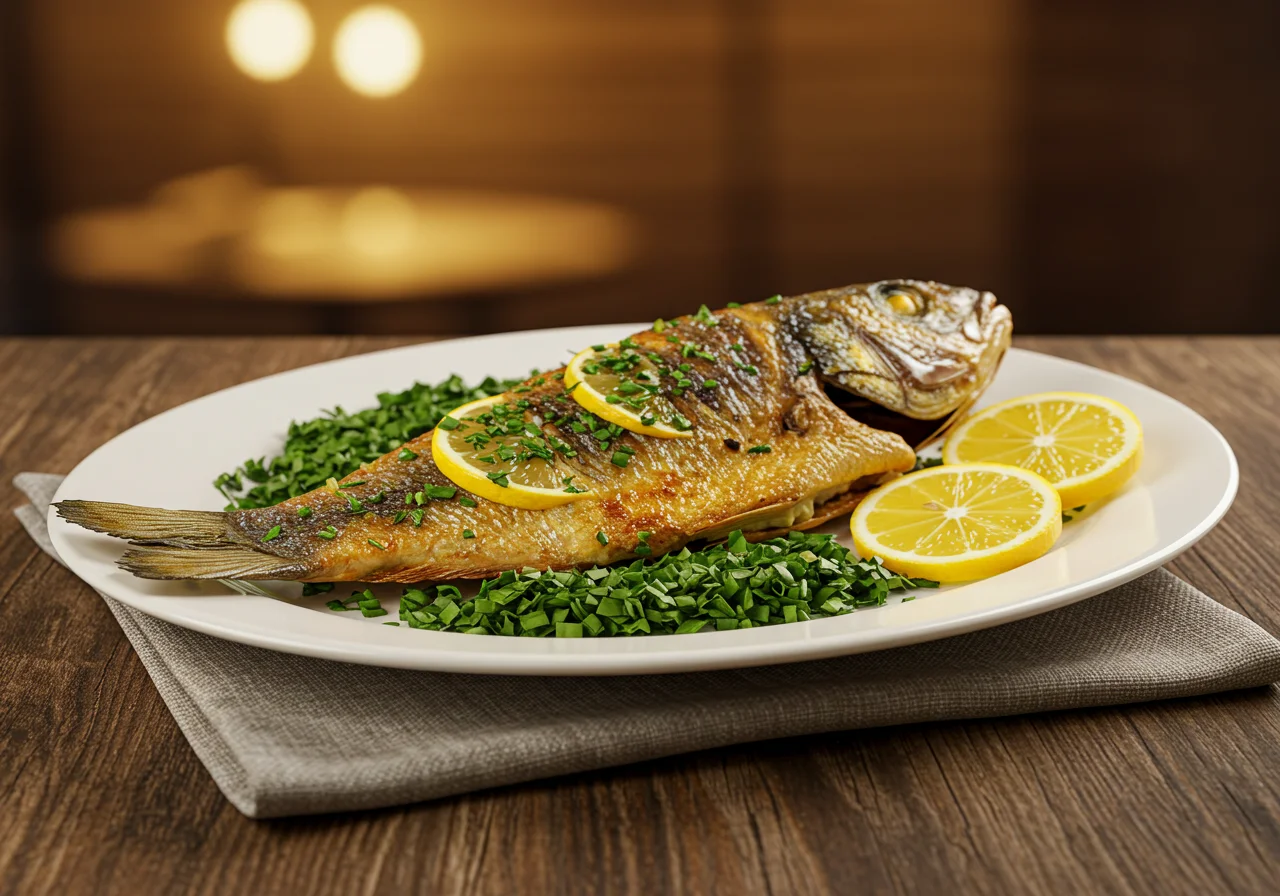 Peixe brasileiro assado perfeitamente, decorado com ervas frescas e limão, pronto para servir.