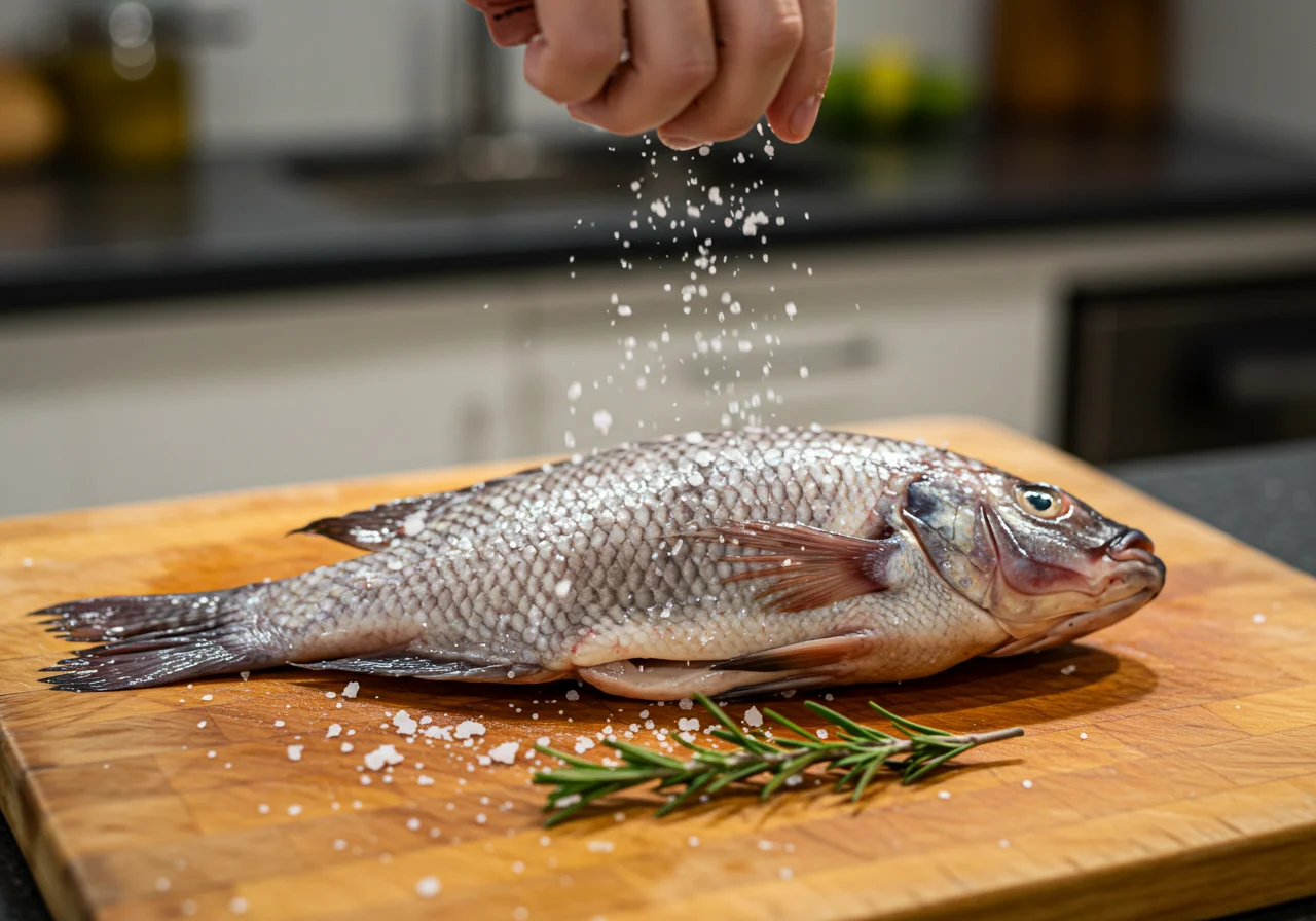 Peixe brasileiro sendo temperado com sal e ervas em uma tábua de corte.
