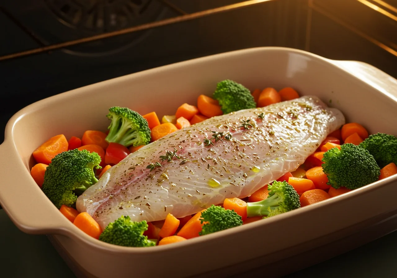 Peixe brasileiro posicionado em uma forma com vegetais ao redor para assar.