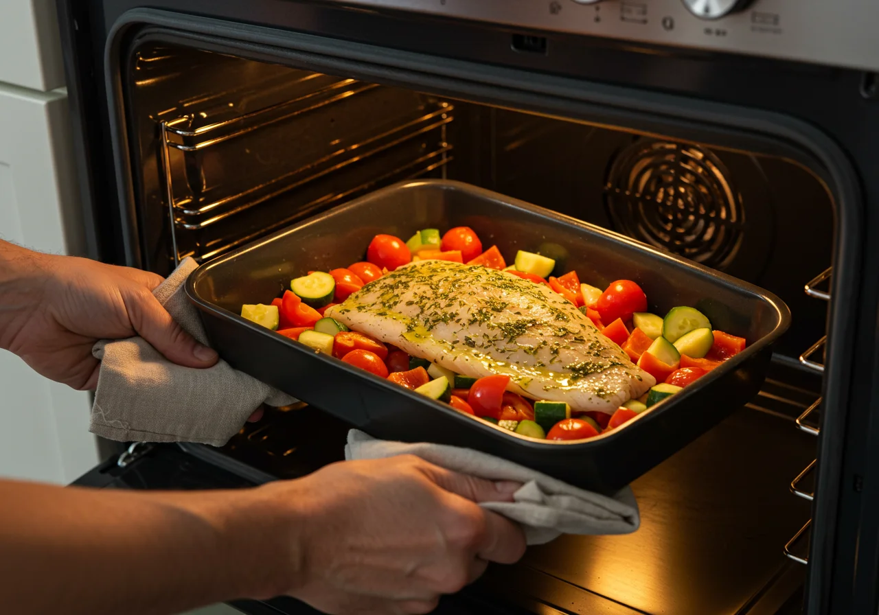 Forma com peixe brasileiro e vegetais sendo colocada no forno para assar.
